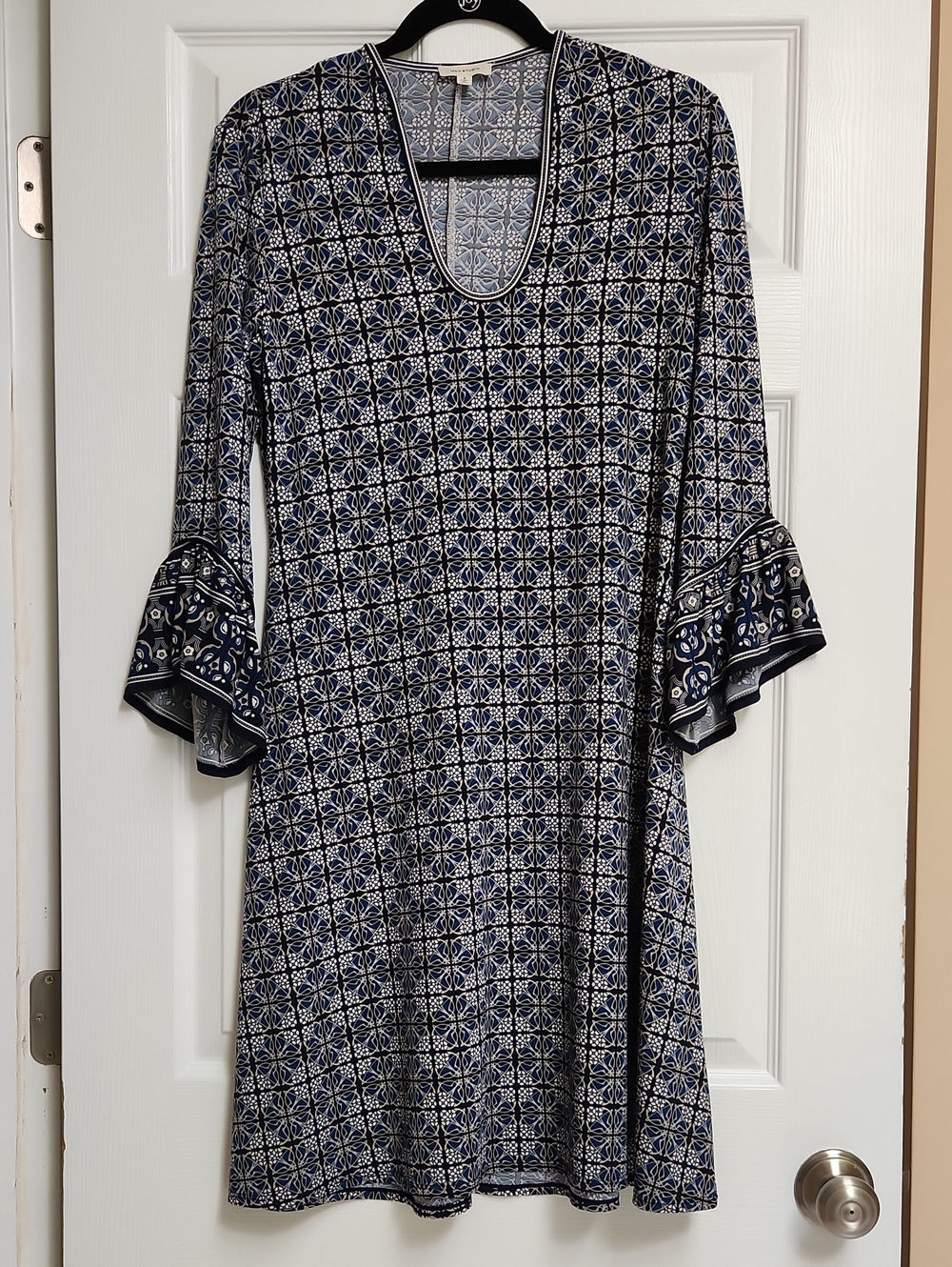 Max Studio Navy & White Printed Ruffle-Sleeve Midi Dress